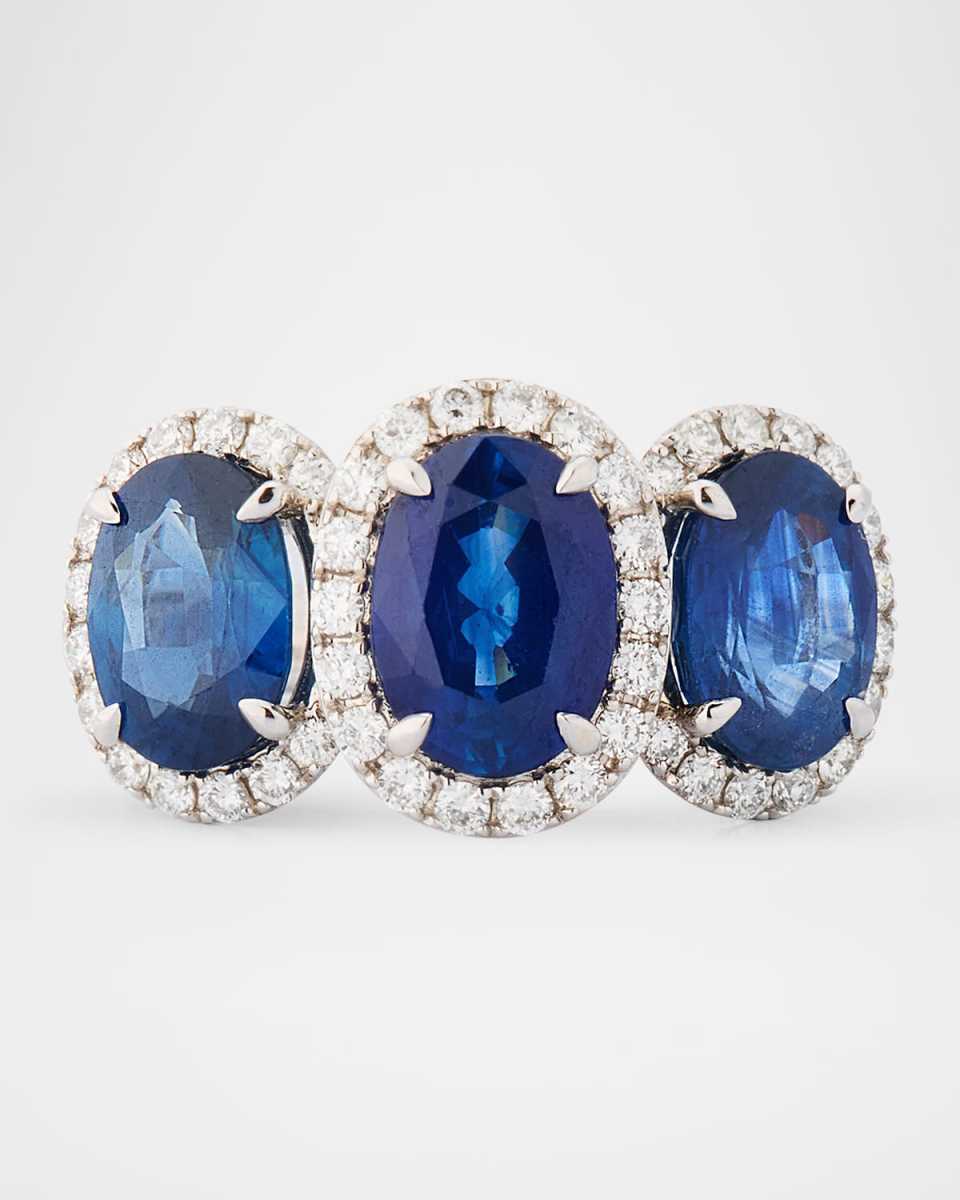 18K White Gold 3-Stone Blue Sapphire and Diamond Ring, Size